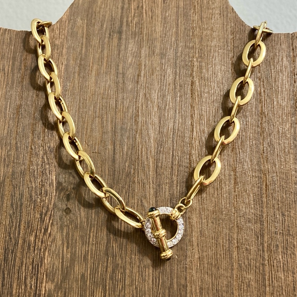 Vintage Nolan Miller Gold Tone Chain & Blue Rhinestone Toggle Necklace